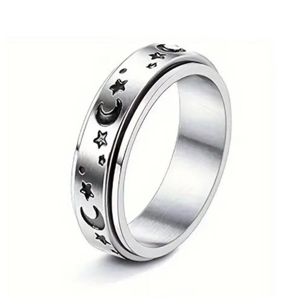 Silver Stainless Etched Spinner Ring Fidget Celestial Anxiety Moon Stars sz 7